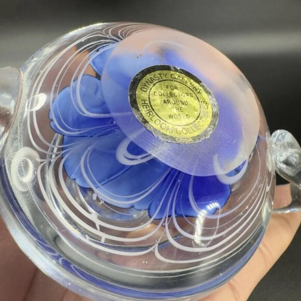 Dynasty Gallery Glass Teapot Carafe Jug Blue With White‎ Swirls Paperweight VTG